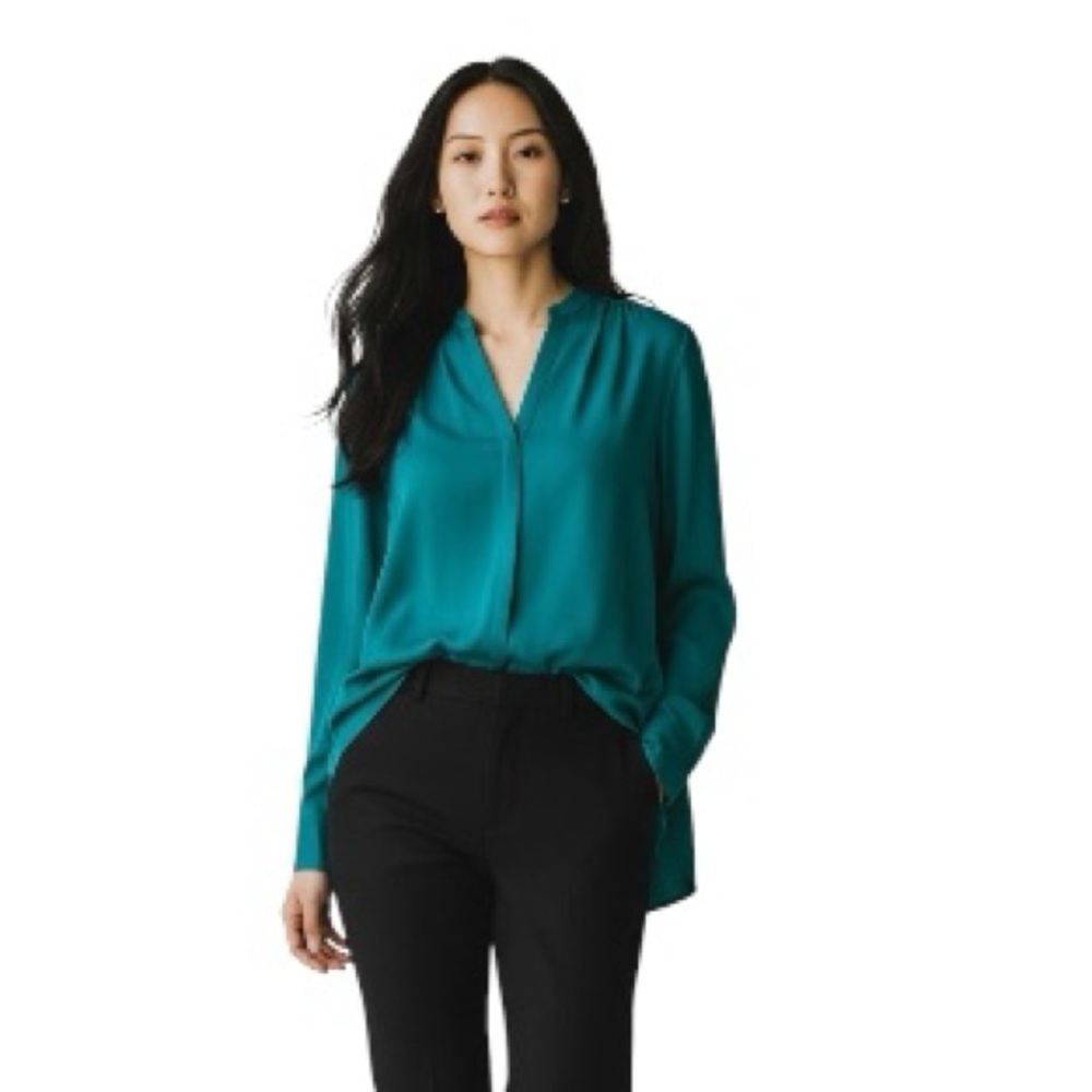 Elie Tahari Teal Silk V Neck Long Sleeve Button Down Blouse Size Medium